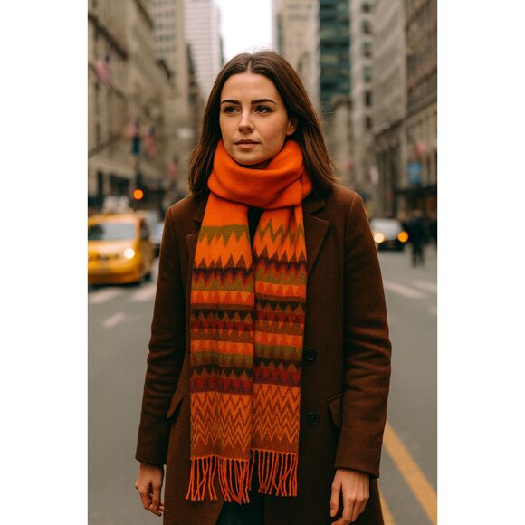 Made in Scotland 100% Cashmere Scarf Orange Green Red Chevron Fringe 64"x12" - Picture 1 of 7